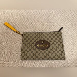 Gucci Beige GG Supreme Wristlet Pouch with Yellow Strap